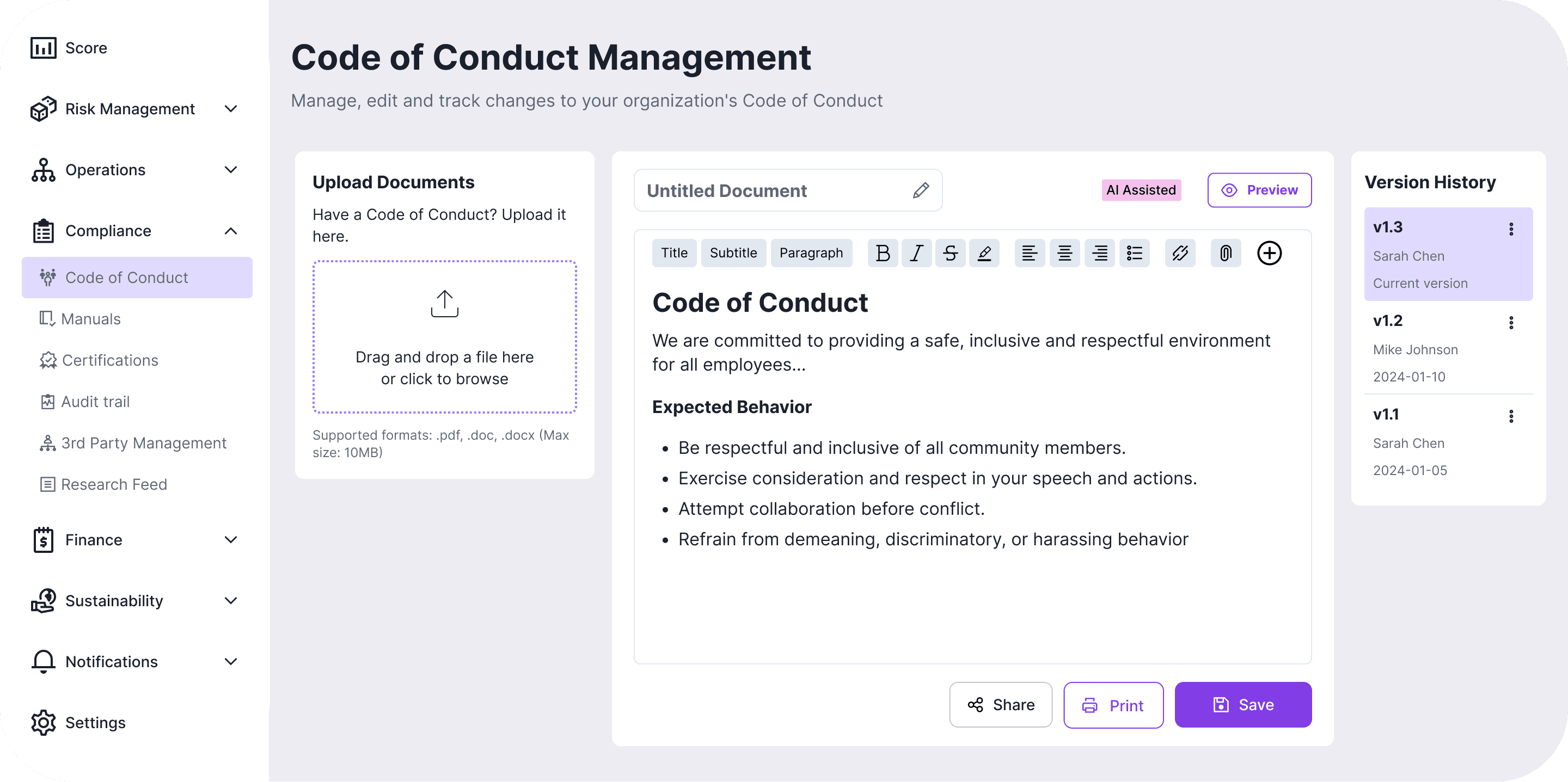 The screen showing Code of Conduct Management in Parakeet Risk platform